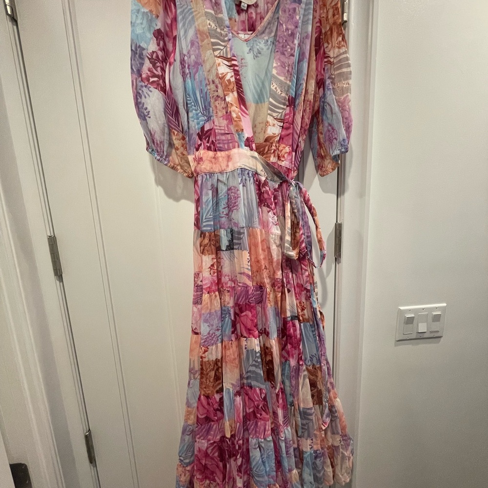 Johnny Was Pink and Red Puff Sleeve V-Neck Sundress